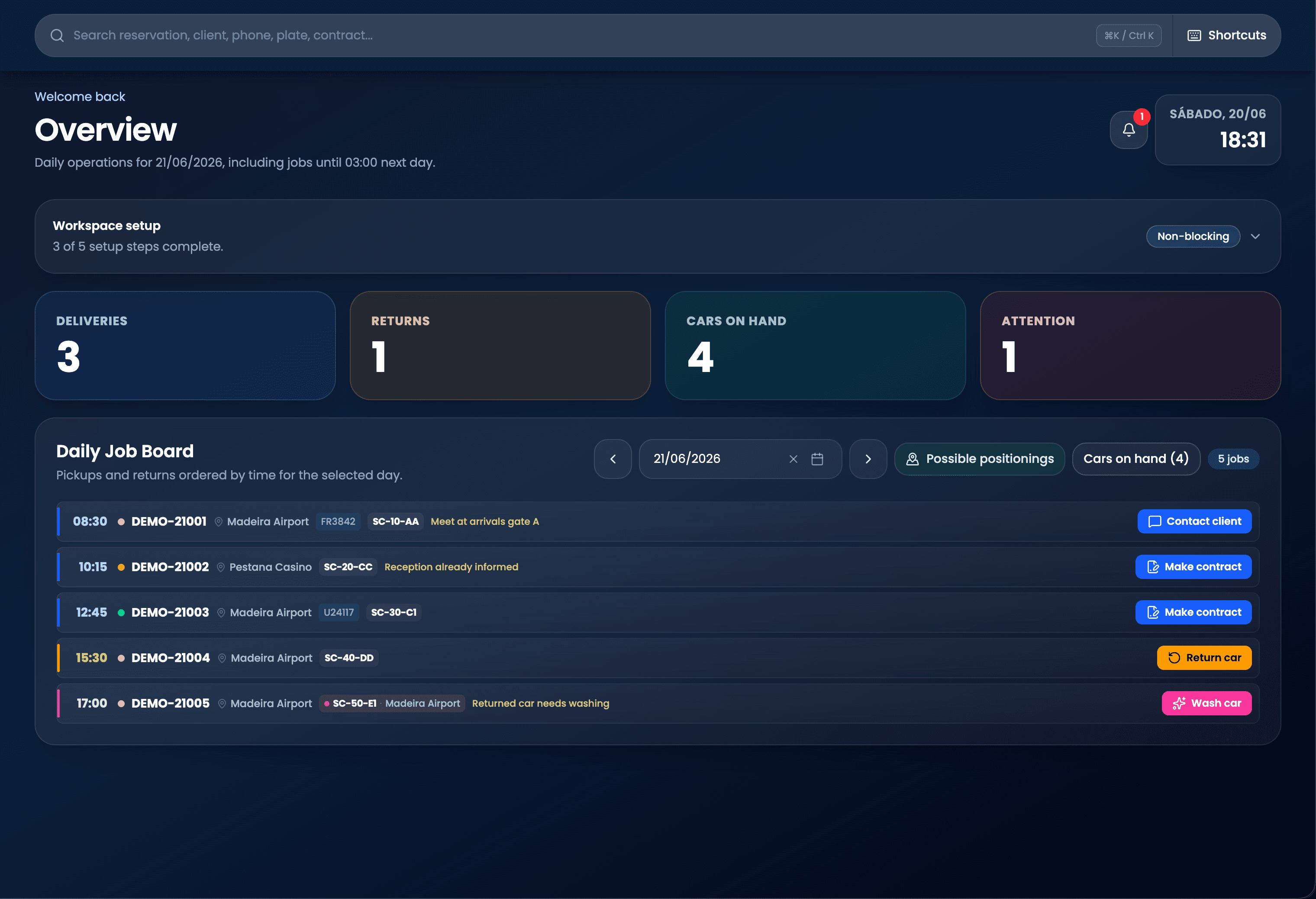 Smooth Control daily job board with demo reservations, delivery actions, return actions, and operational context.